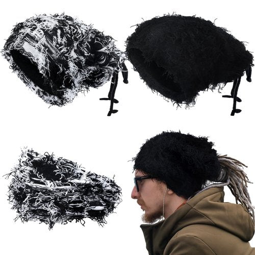 Cozypower 2 Pcs Unisex Distressed Dreadlock Beanie Hat Rasta Cap Winter Open Turban Dread Hair Wraps for Men Women(Black and White,Classic)