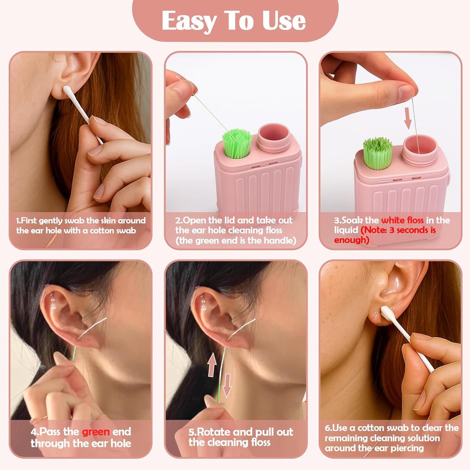 XANGNIER Ear Piercing Cleaner Kit - 240 Disposable Floss & 50 Cotton Swabs for Aftercare | Pink