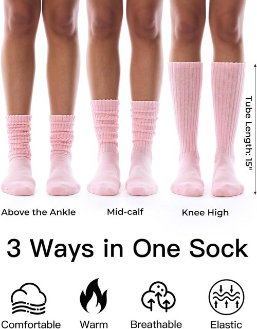 FITRELL Knee High Slouch Socks for Women - 3 Pairs of Soft Cotton Scrunch Tube Socks