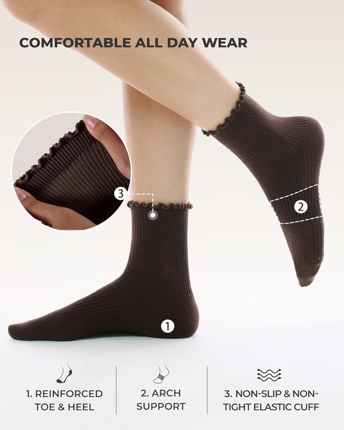 FITRELL Ruffle Socks - 6 Pairs of Soft, Breathable, Cute Lettuce Ankle Crew Socks for Women