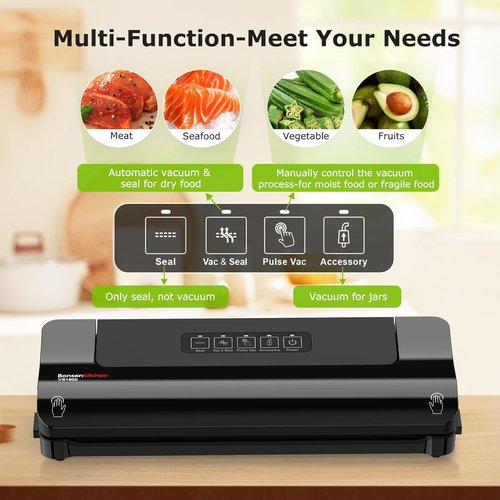 Bonsenkitchen Vacuum Sealer - Multi-Functional Food Preservation System with 5 Bags & Accessory Tube, Black
