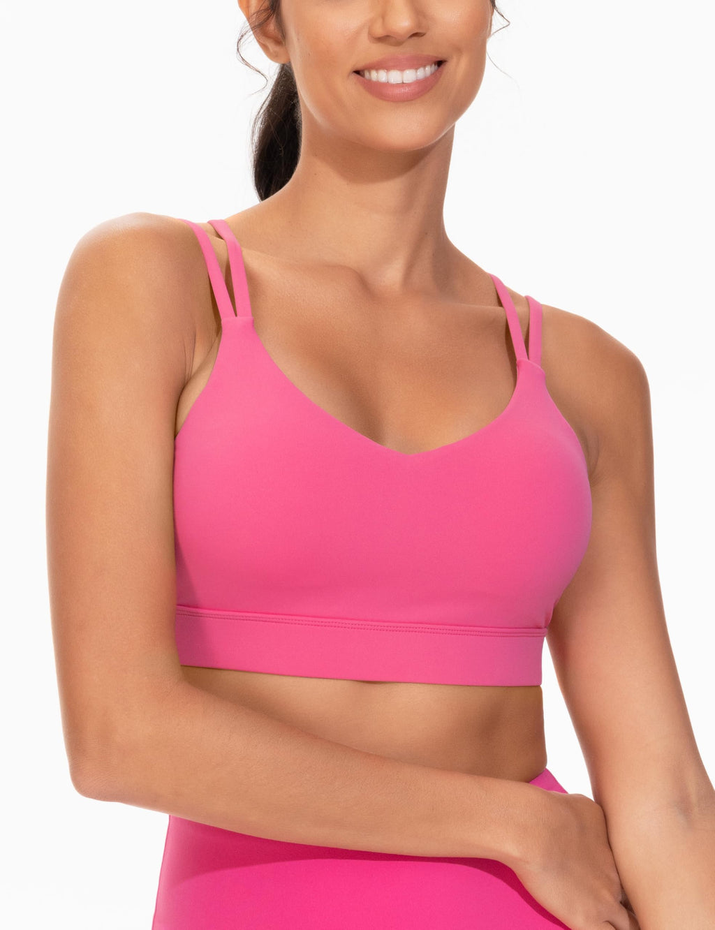 THE GYM PEOPLE Women's Double Spaghetti Strap Sports Bras Supportive Strappy Workout Bra with Padded Bright Pink