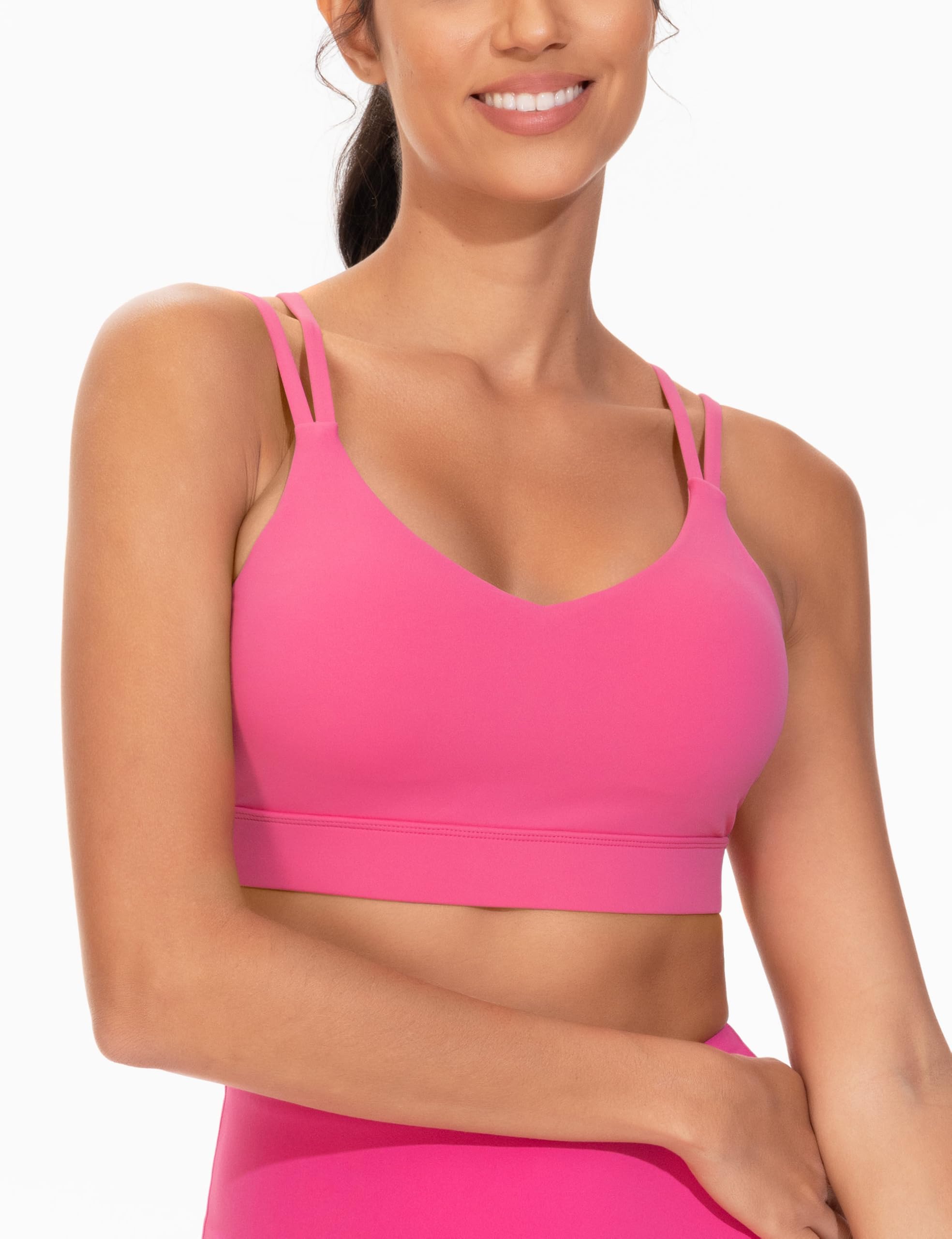 THE GYM PEOPLE Women's Double Spaghetti Strap Sports Bras Supportive Strappy Workout Bra with Padded Bright Pink