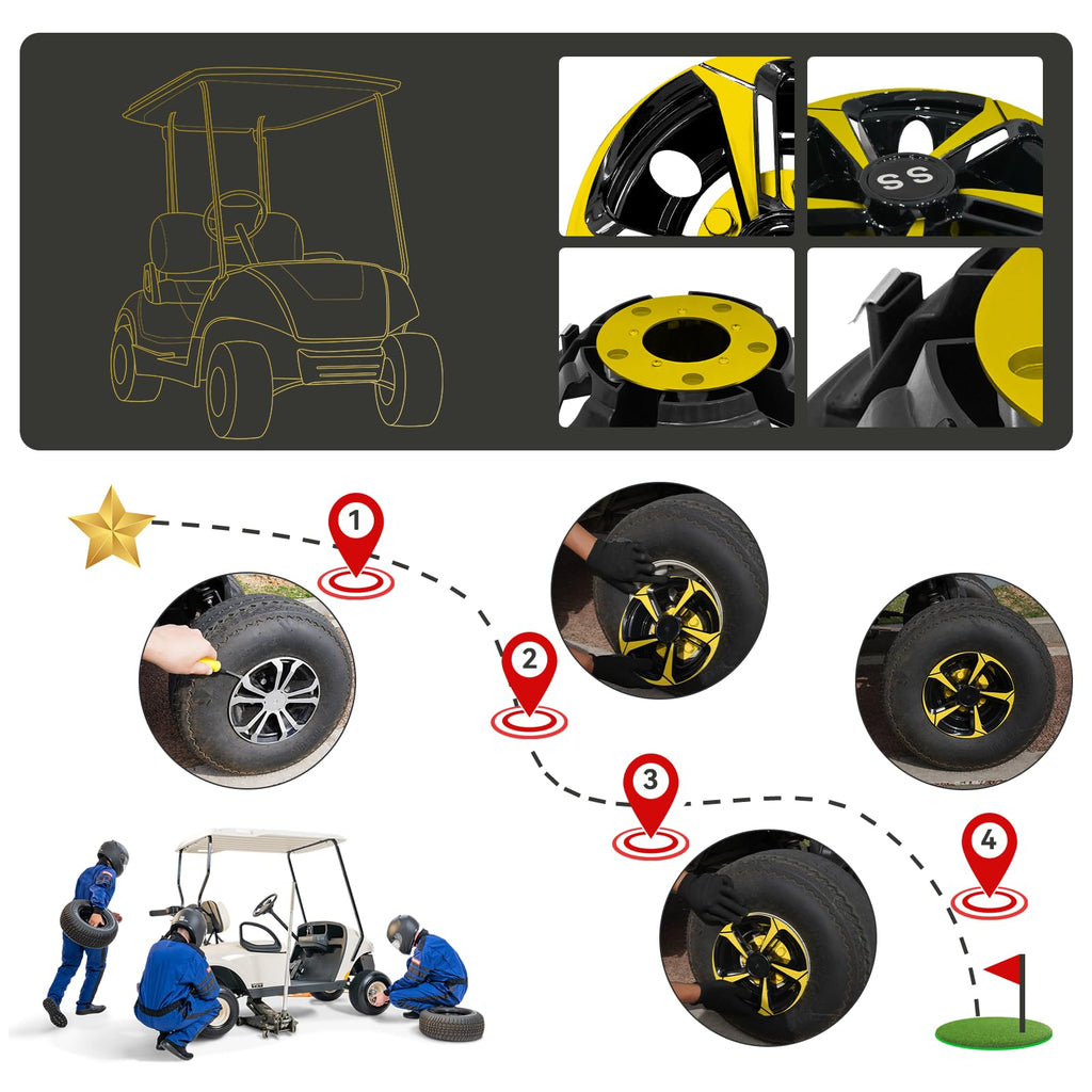 XUANYUDG0769 Golf Cart Hubcaps Wheel Covers for EZGO Club Car Yamaha Golf Cart Wheels and Tires Center Caps 8 Inch, Set of 4 Golf Cart Hub Caps, Black and Yellow
