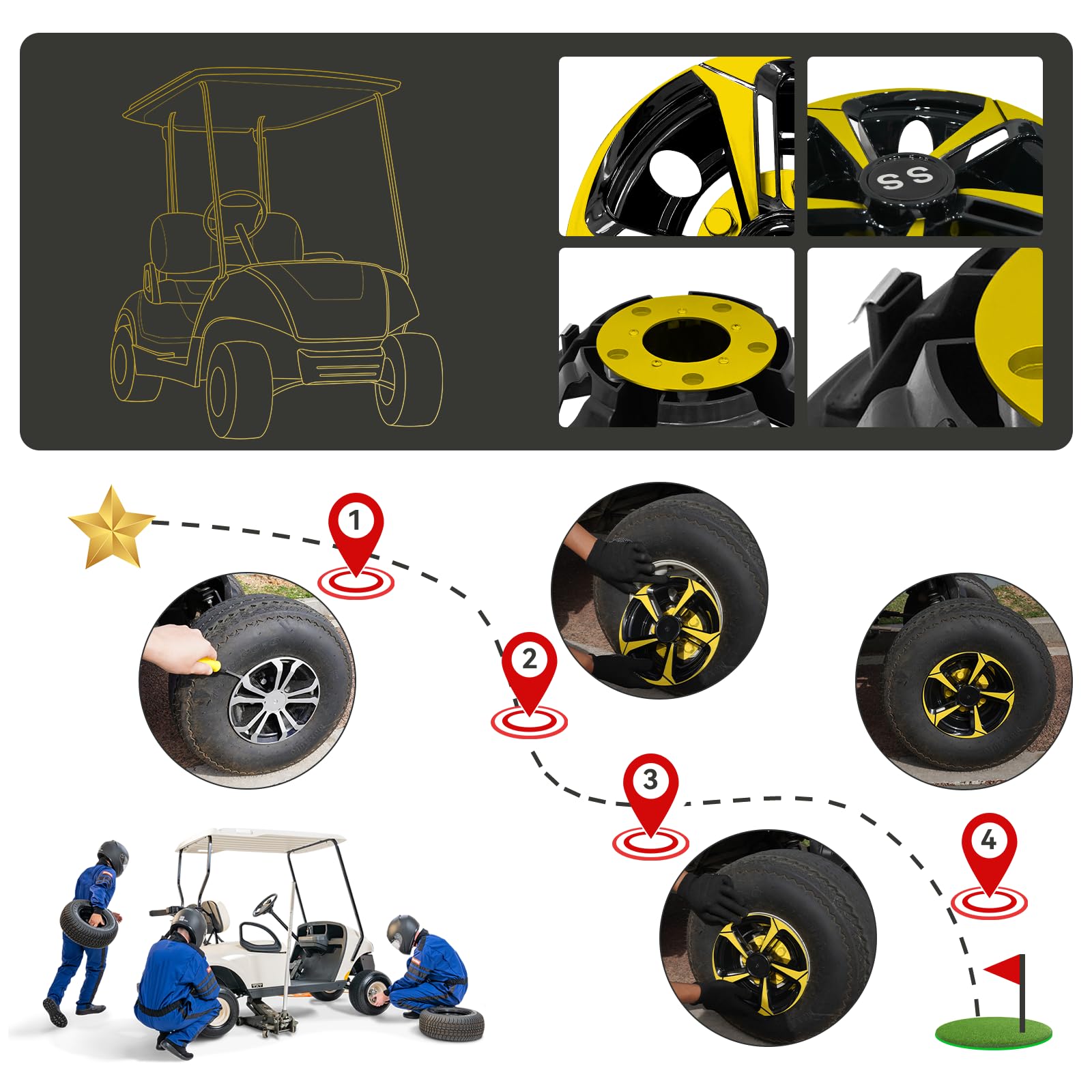 XUANYUDG0769 Golf Cart Hubcaps Wheel Covers for EZGO Club Car Yamaha Golf Cart Wheels and Tires Center Caps 8 Inch, Set of 4 Golf Cart Hub Caps, Black and Yellow