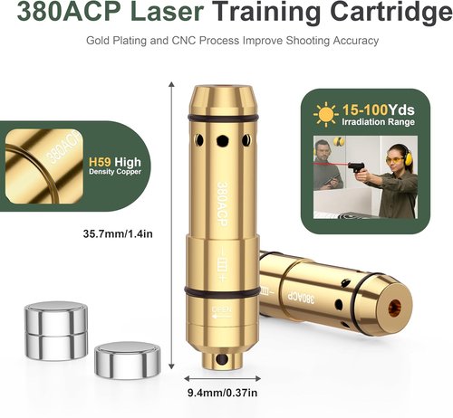 380ACP Laser Training Cartridge - Dry Fire Practice System with 3 Batteries & Rubber Snap Caps
