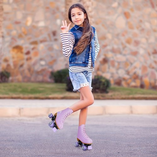 YYW Roller Skates for Girls and Women, Fantastic Pink Purple PU Leather Light Up Kids Youth Roller Skates, Indoor Outdoor Roller Skates Girls Ages 8-12 (32-Youth 1,Purple)