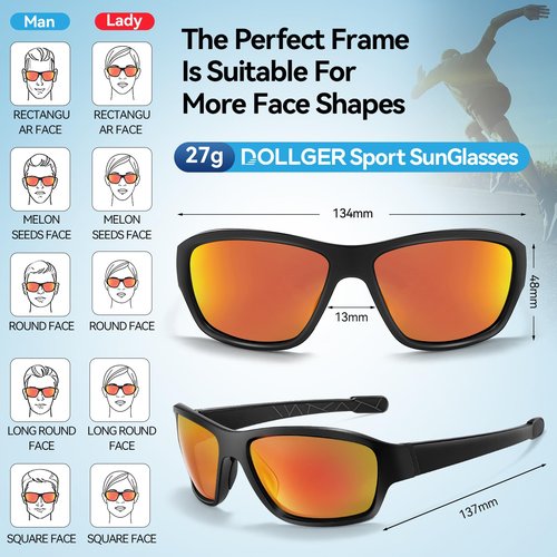 Dollger Polarized Sports Sunglasses for Men Women - Ultra Lightweight Wrap-Around, UV400 for Running, Cycling, Driving, Fishing（Red）