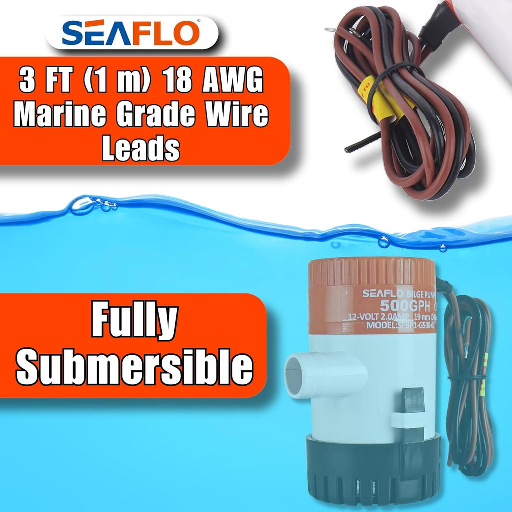 SEAFLO 01 Series 500 GPH Bilge Pump - 12V Marine Submersible Pump with Anti-Airlock Protection | 4-Year Warranty