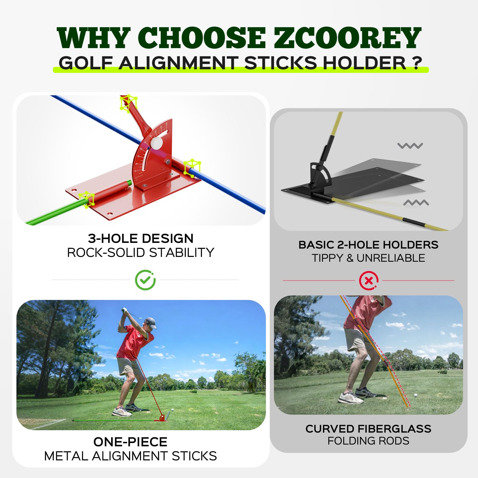 Zcoorey Golf Alignment Stick Holder - Metal Golf Alignment Sticks, Three-Hole Holder, Golf Swing Trainer with Training Manual, Golf Training Aid for Swing Plane & Swing Path