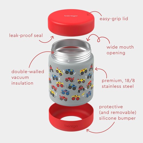 Bentgo Kids Stainless Steel Food Jar - 11oz Leak-Proof Insulated Container for Hot or Cold Food | Dishwasher Safe, Ages 3+ (Trucks)
