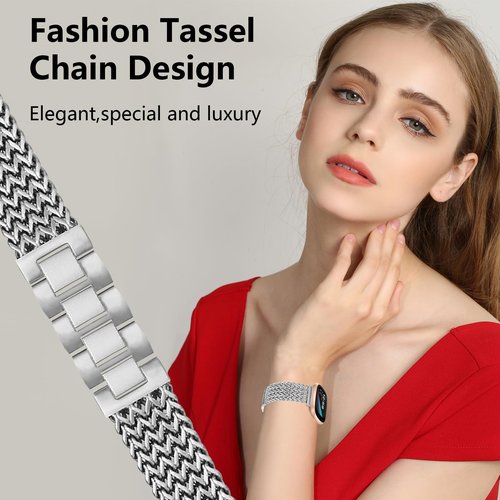 Alociaga Metal Band Compatible for Fitbit Versa 4/Sense 2/Versa 3/Sense, 22mm Dressy Stainless Steel Chain Strap Designer Wristband (Sliver)