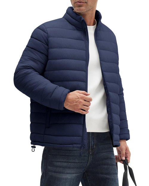 WHN Men's Puffer Jacket Lightweight Winter Waterproof Windproof Stand Collar Full Zipper Coat with 3 Pockets Navy L