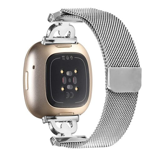 Feigand Metal Magnetic Band Compatible with Fitbit Versa 4/Sense 2/Versa 3/Sense, Stainless Steel Dressy Mesh Loop with D-Shape Diamond for Women (Silver)