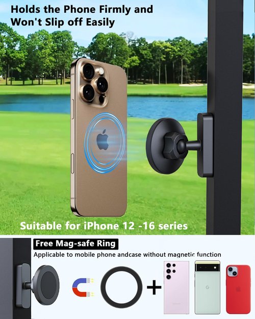 Gdncbm Magnetic Golf Cart Phone Holder：360 ° Rotatable Anti Shake Alloy Phone Mount Compatible with Mag-Safe iPhone 16-12 - Golf Cart Accessories Suitable for EZGO, Club Car, Yamaha, Icon
