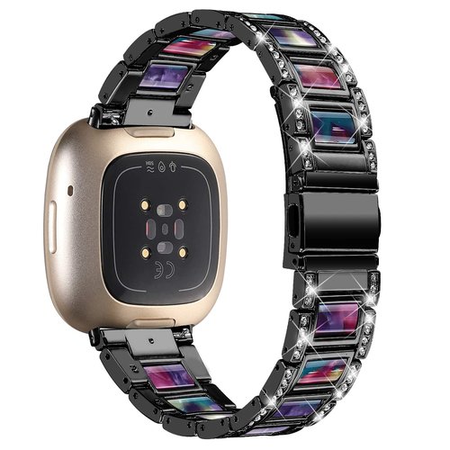 Feigand Bling Resin Bands Compatible with Fitbit Versa 4/Sense 2/Versa 3/Sense, Shinny Metal Bracelet Straps Luxurious Rhinestone Replacement Wristband for Women (Rose Gold)