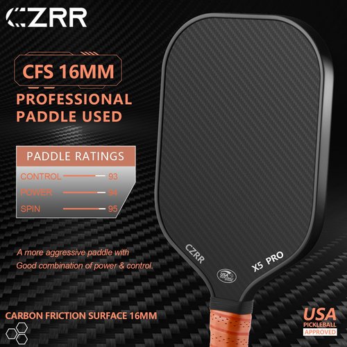 CZRR Pickleball Paddle, USA Pickleball Approved, 3K Raw Carbon Fiber Surface (CFS) High Grit & Spin, with 16MM Polypropylene Honeycomb Core, Ideal for Novice and Professional Players