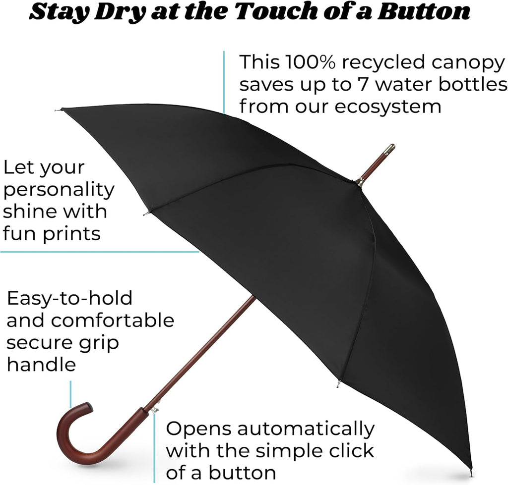 Tote's Men's Eco-Friendly Auto Open Wooden Handle J Stick Umbrella - Durable & Stylish Design