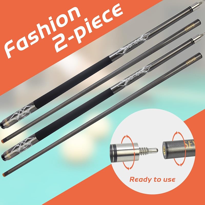 58-Inch Carbon Fiber Pool Cue - Gray, 2-Piece Snooker Cue, 13mm Tip