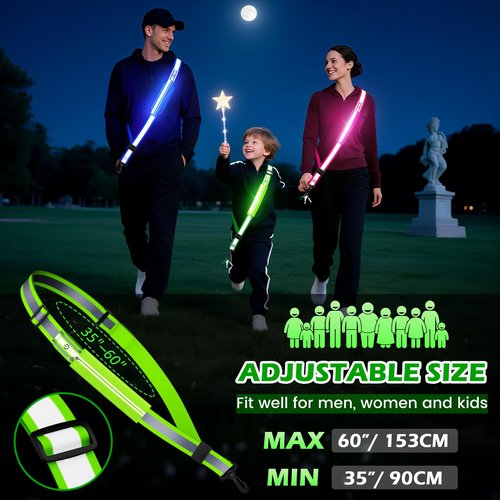 Samlior LED Reflective Belt Sash, Rechargeable LED Light Night Safety Walking Gear, High Visibility Adjustable Reflective Gear for Runners Walkers Cyclists at Night (Green)