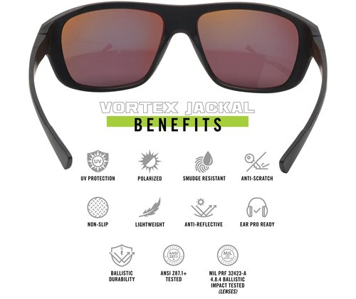 Vortex Optics Jackal Sunglasses | UV Protection, Polarized, Ballistic Rated | Unconditional, Unlimited Warranty (Black Frame - Amber Lens/Gold Mirror)
