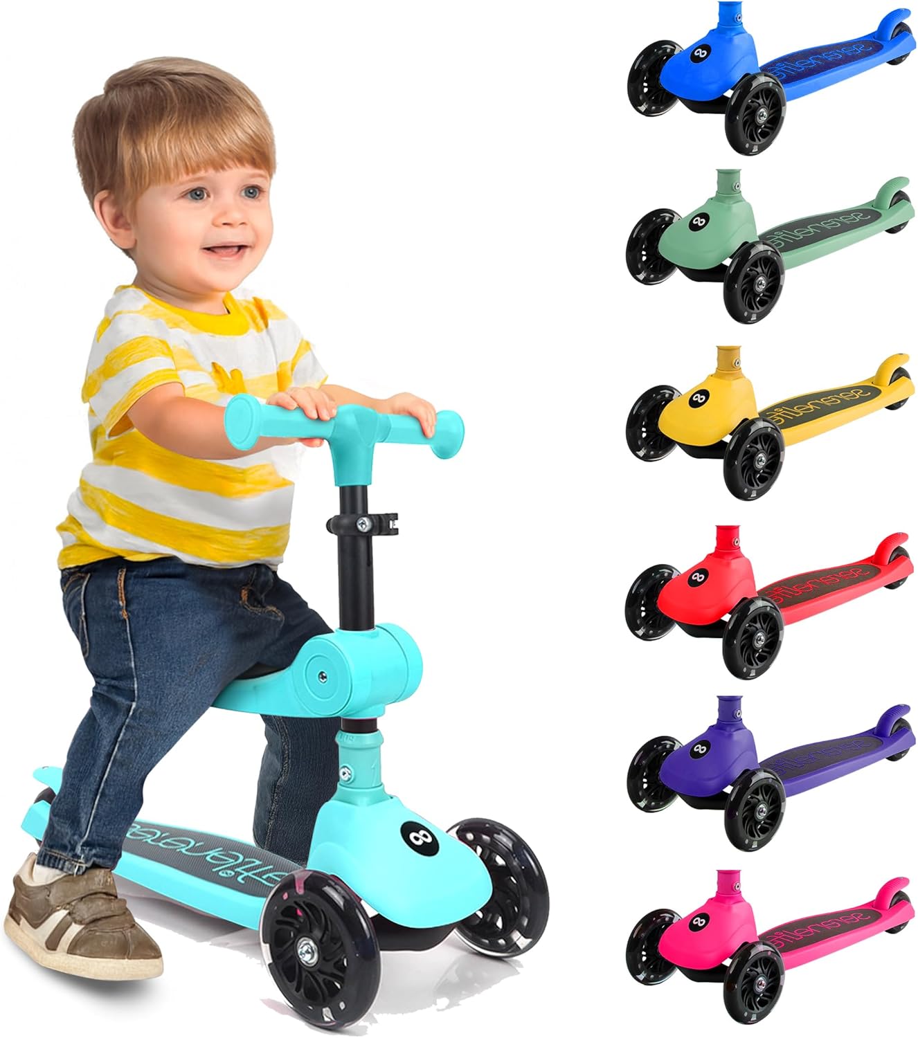 SereneLife 3-Wheel Kids Scooter - Foldable Design, LED Wheel Lights, Adjustable Handlebar | For Toddlers 3+ Up to 110 lbs