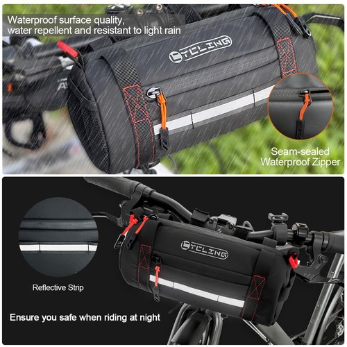 Danuosie Bike Handlebar Bag, Waterproof Bicycle Front Roll Bag with Reflective Area, Cycling Storage Pouch with Waterproof Zipper Shoulder Strap Removable Straps for Road Mountain E-Bikes