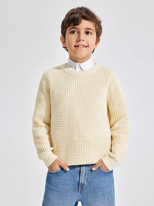 Haloumoning Boys Pullover Sweater - Chunky Crewneck Waffle Knit Jumper for Ages 4-14