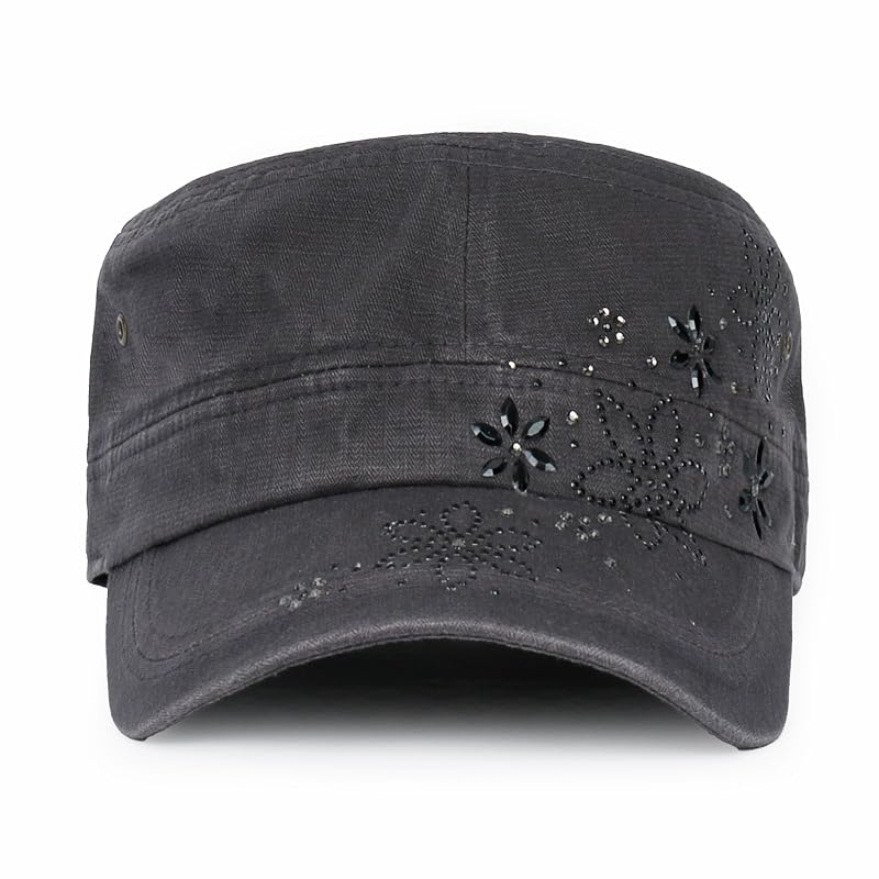 Rhinestone Cadet Cap - Vintage Distressed Cotton Army Hat, Dark Gray/Black+Medium