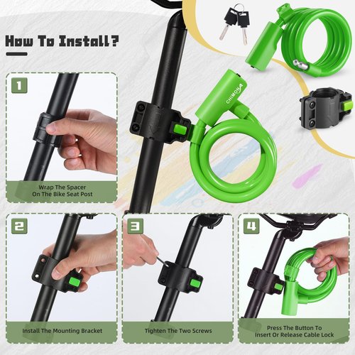 Bike Lock, Bike Cable Lock for Kids with PVC Anti-Scratch Coating, Bicycle Cable Lock with Mounting Bracket, Bike Lock Cable Portable & Compact for Bikes, Scooters 4 Feet