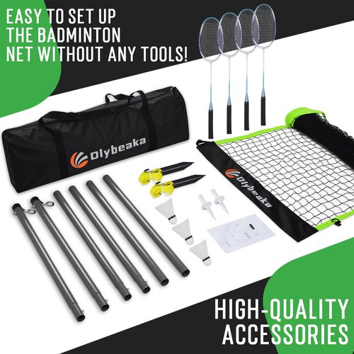 Olybeaka Professional Baminton Set, Portable Badminton Net Set for Backyard with Carring Bag, 4 Aluminum Badminton Rackets, 3 Shuttlecocks - Easy Set Up & Durable (20ft, Black)