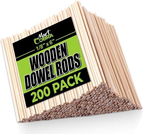 Mart Cobra Wooden Dowel Rods - 200 Pack | 1/8" x 6" Precut Birch Hardwood for Crafts & Modeling