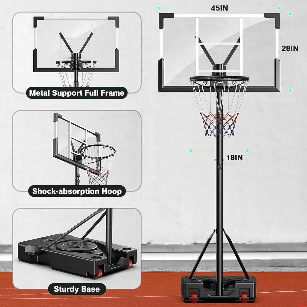 Skiennix Basketball Hoop - 10FT Height Adjustable with 45-Inch Shatterproof Backboard | Portable for Backyard & Indoor Use