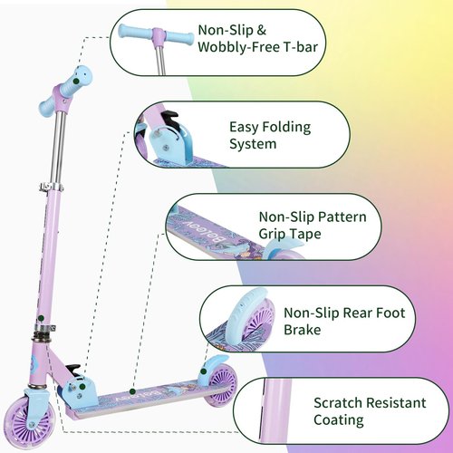 BELEEV Scooters for Kids Ages 3-12 with Light-Up Wheels & Stem & Deck, 2 Wheel Folding Scooter for Girls Boys, 3 Adjustable Height, Non-Slip Pattern Deck, Kick Scooter for Children (Purple)