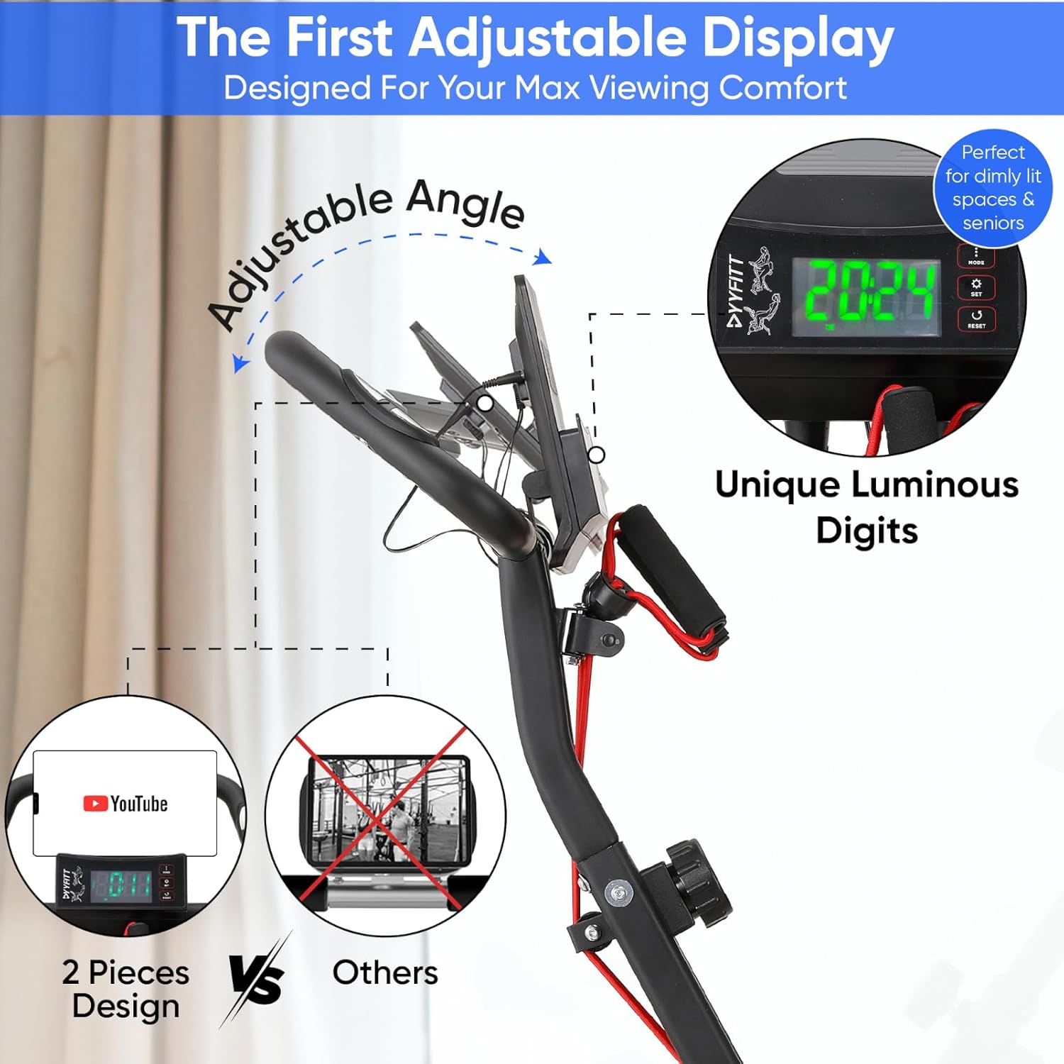 YYFITT 3-IN-1 Exercise Bike - Compact Folding Stationary Bike with Luminous Display & 16 Levels of Resistance - Ideal for Seniors