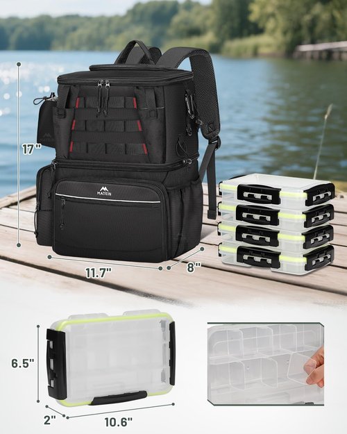 MATEIN Fishing Backpack - 4 Tackle Boxes, Rod Holder, Cooler & Safety Compass | Perfect Gift for Fishermen