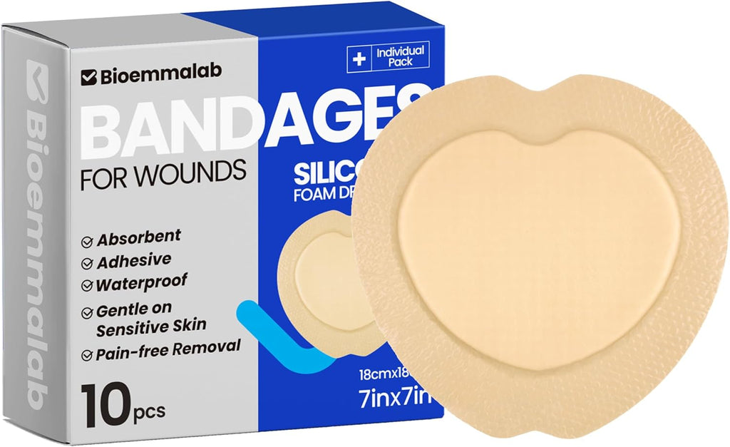 Skiennix Large Waterproof Bandages - Silicone Foam Dressings for Sensitive Skin | 7"x7", 10 PCS
