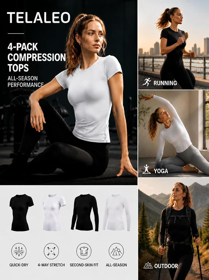TELALEO Long Sleeve/Short Sleeve Compression Shirt for Women - 4 Pack Black, Medium