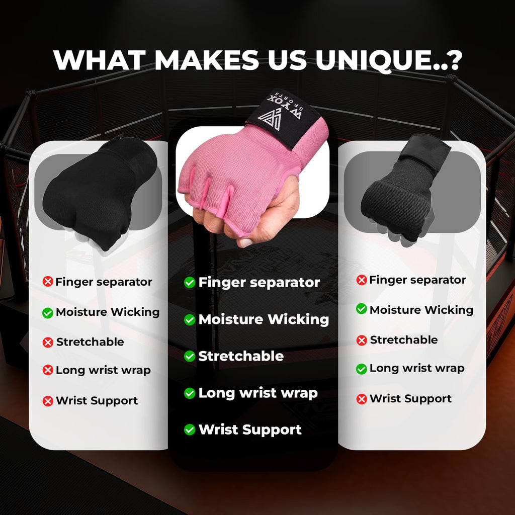 WYOX Gel Boxing Hand Wraps - Padded Knuckle Support & Quick Wrist Strap | 80cm Fingerless MMA Gloves