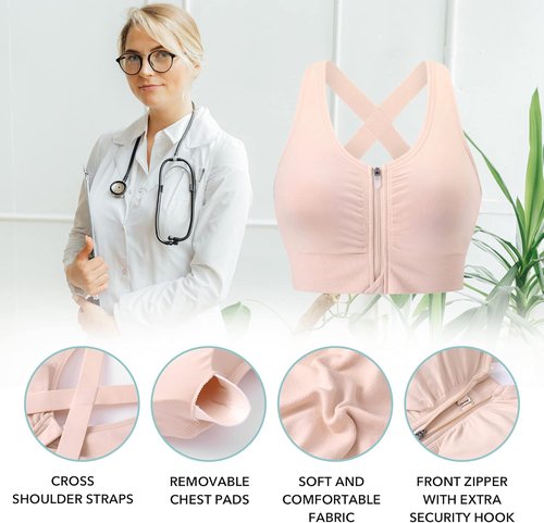 Evercute Wireless Sports Bra - Zip Front Design for Post-Surgery Comfort | Medium Support, Padded, Strappy