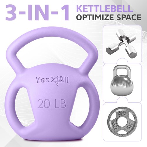 Yes4All Kettlebell, 5-25lb Strength Training Kettlebells for Women, Wide Multi-grip Textured Handle for Home Gym Exercises & Full Body Workout (20lbs - Purple)