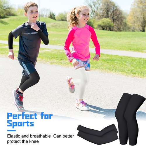 Charniol 4 Pairs Kids Arm Sleeves for Basketball Kids Long Compression Leg Sleeves and Arm Sleeves Youth Basketball Leg Sleeves(Black and White,Large)