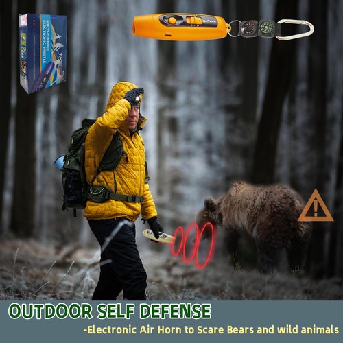 Rechargeable Bear Horn to Scare Bears, 125dB Electronic Air Horn with LED Flashlight & Compass & Thermometer, Electronic Whistle Bear Bells for Safety Hiking Camping Emergency Self Defense (Orange)