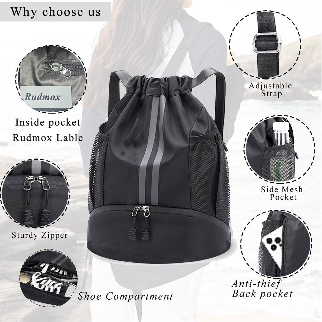 Skiennix Drawstring Backpack - Water Resistant Sports Gym Bag with Shoe Compartment | Ideal for Soccer & Basketball