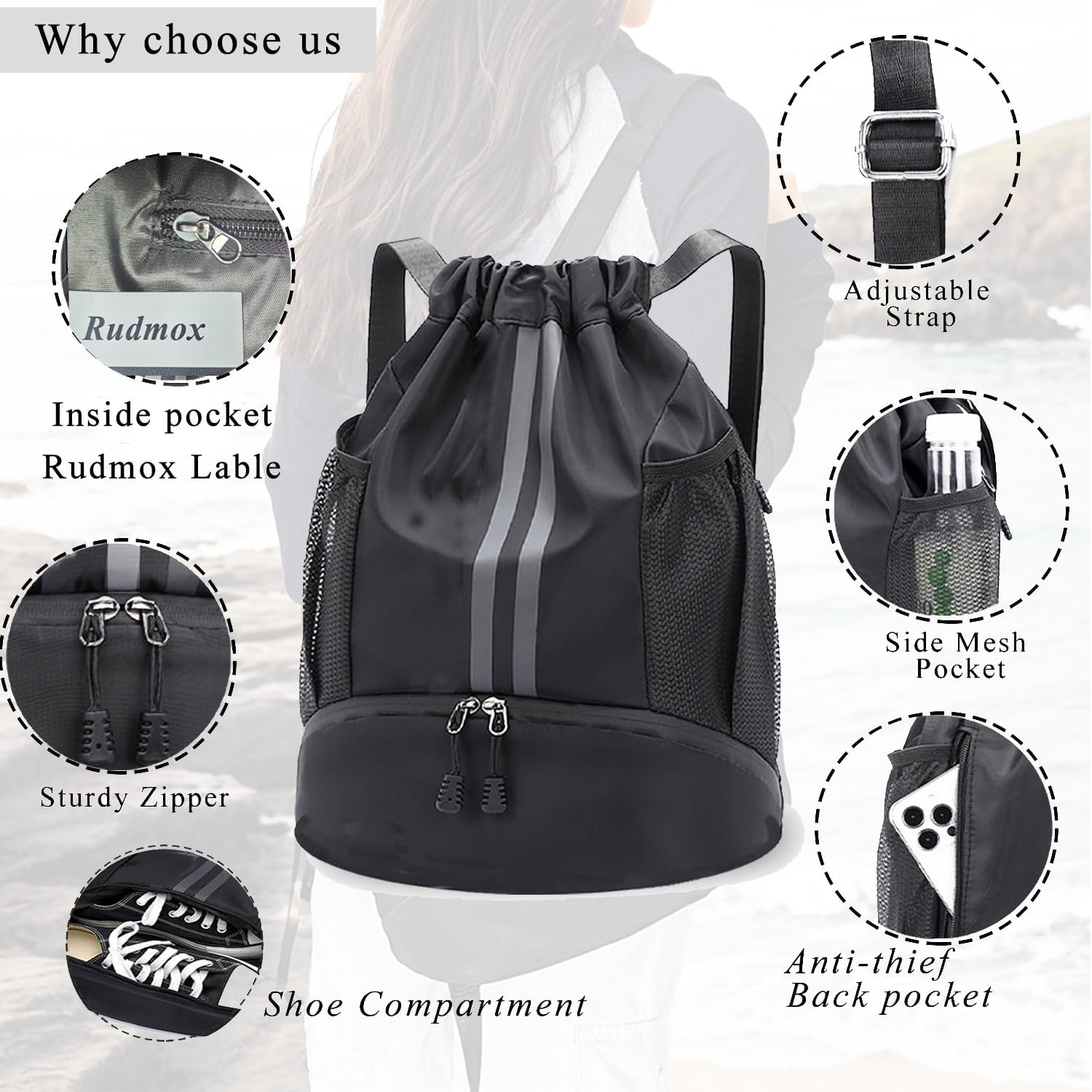 Skiennix Drawstring Backpack - Water Resistant Sports Gym Bag with Shoe Compartment | Ideal for Soccer & Basketball
