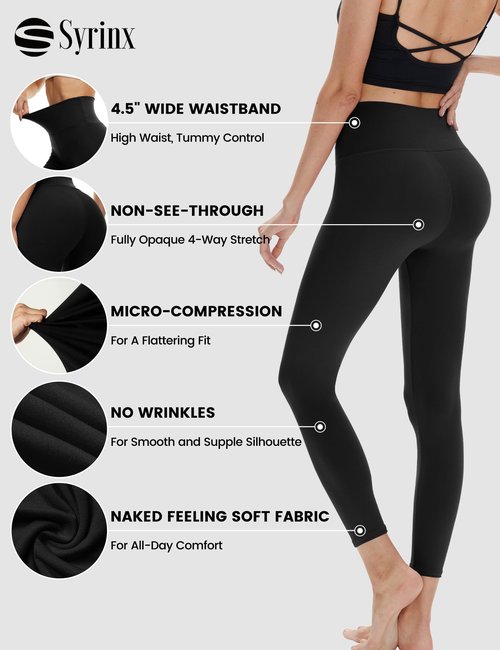 Syrinx 3 Pack High Waisted Leggings for Women - Tummy Control Soft Workout Yoga Pants for Gym Running Athletic Casual