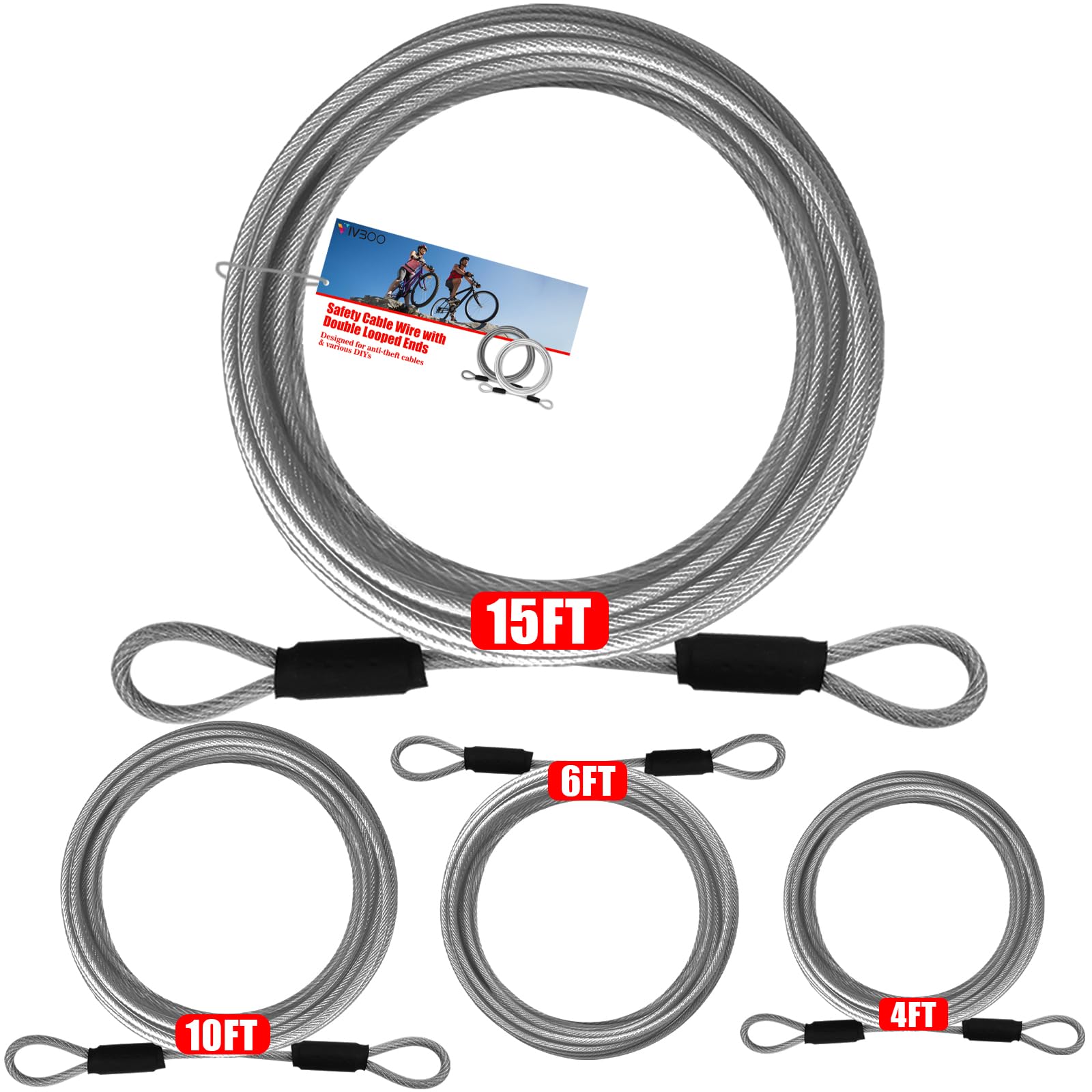 VIVBOO 4FT/6FT/10FT/15FT Cable Locks with Combination 1/8 inch Security Cable with Loops for Fence Luggage Gym Locker Cabinet