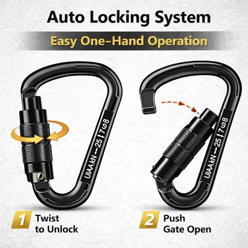 Auto Locking Carabiner Heavy Duty Carabiner 25kN UIAA Certified Climbing Carabiner Climbing Equipment Safety Carabiners for Rappelling, Hammocks, Rescue, Dog Leash, Swing (All Black-4PCS)