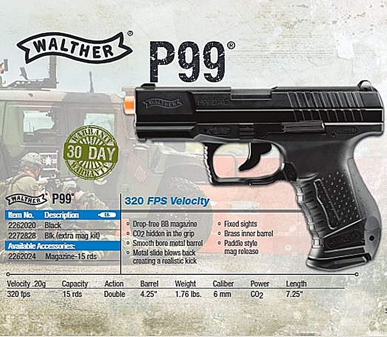 Umarex Walther P99 Airsoft Gun - CO2 Powered Blowback 6mm BB Pistol for Realistic Shooting Experience