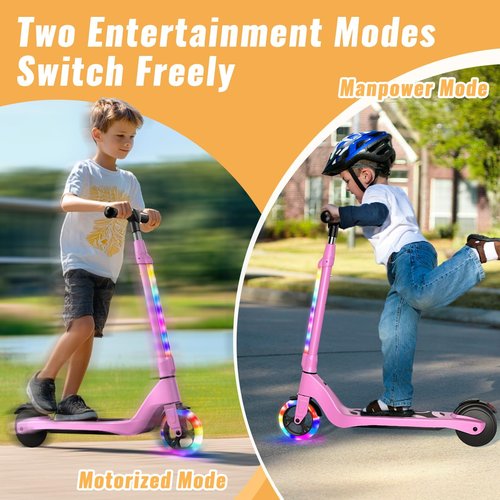 Electric Scooter for Kids Age 6-12, 60W Motor, 5Miles Range, 6.2mph, 5.3" Rubber Tires w/RGB Wheel Lights & 7-Color Headlight, 3 Adjustable Height, Anti-Slip Footpad/Handle, Rear Brake(Pink)